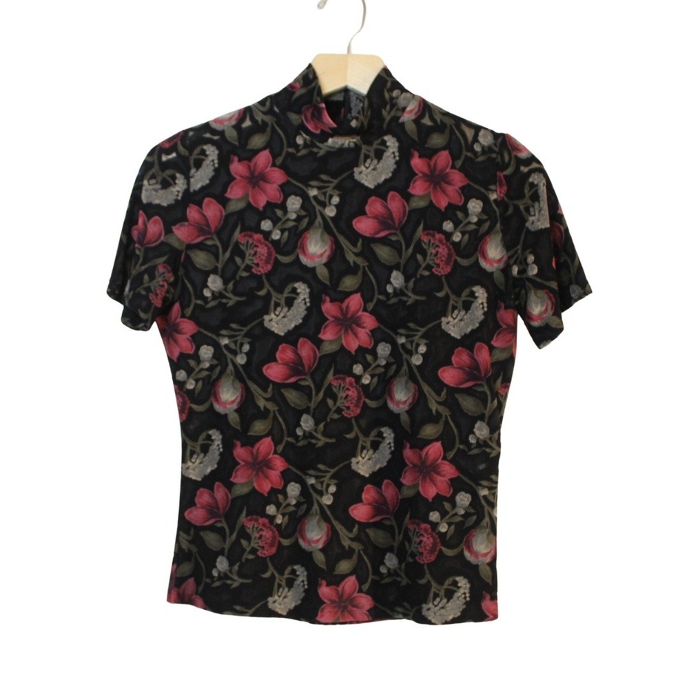 Vintage 90s Dressbarn women's mock neck short sleeve sheer floral print romantic